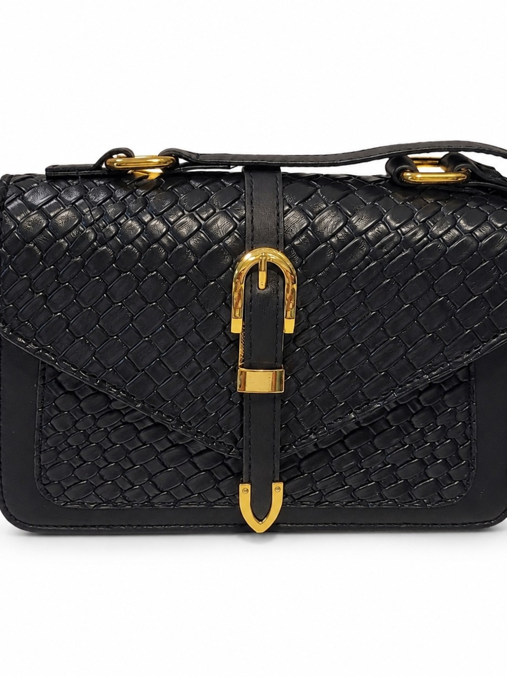 Black Woven Mini Shoulder Bag with Gold Buckle Hardware